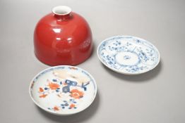 An 18th century Chinese Imari saucer, another blue and white saucer and sang de boeuf brush