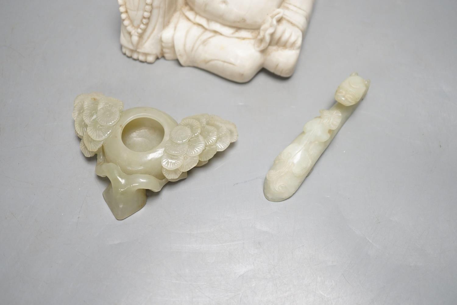 A Chinese celadon jade brushwasher, a bowenite jade belt hook and a soapstone figure of Budai,buddha - Image 2 of 3