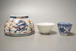 Chinese blue and white tea bowl, another chinese tea bowl and a similar brush washer