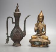 A Chinese bronze vessel and a bronze figure of a Dalai Lama,vessel 24 cms high.