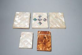 A selection of four mother of pearl card cases, together with another tortoiseshell card case inlaid