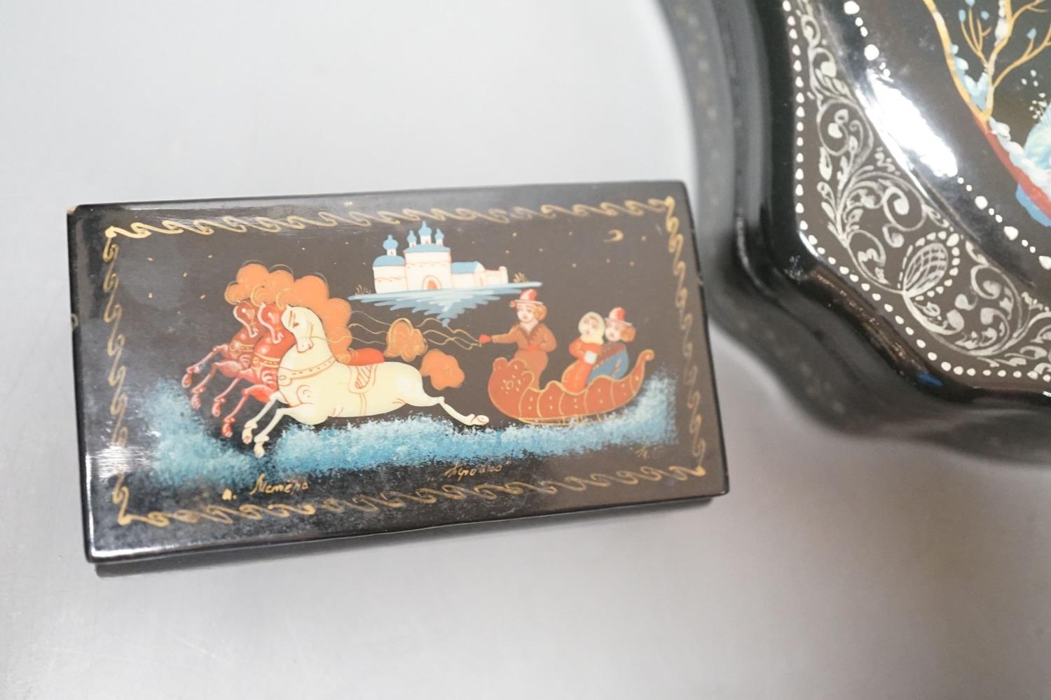 Eight Russian lacquer boxes, some painted and some with printed decoration - Image 6 of 12