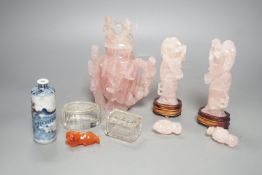 Various rose quartz figures and a cylindrical snuff bottle, hard stone cat and two glass pots,rose