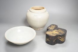 A Chinese Qingbai type bowl, a Ding type jar and a Japanese lacquer box, tallest 15cm