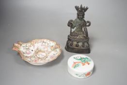 A Chinese famille verte porcelain jar cover, similar famille rose dish and a bronze figure of a