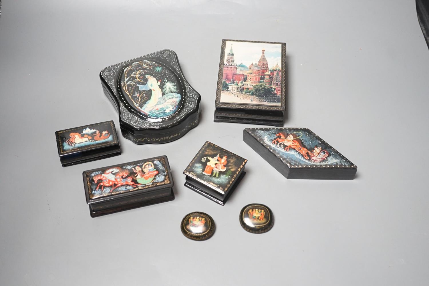 Eight Russian lacquer boxes, some painted and some with printed decoration