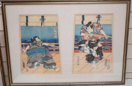 Kunisada, pair of woodblock prints, Actors on stage as Samurai, 35 x 24cm