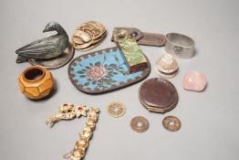 A group of miscellaneous objects to include Chinese coins, Brevete case, blue enamel plate, 12cm,
