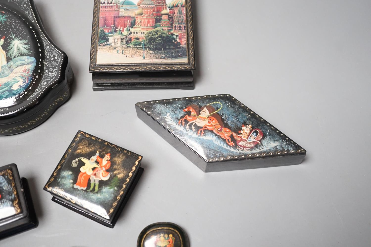 Eight Russian lacquer boxes, some painted and some with printed decoration - Image 3 of 12