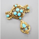 A Victorian yellow metal and turquoise cluster set drop brooch, 45mm, gross weight 6.9 grams.