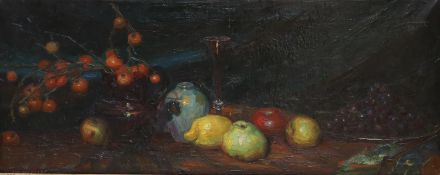 Jan Van Delft, oil on canvas, Still life of fruit on a table top, signed, 39 x 98cm