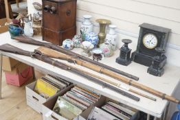 Three 19th century percussion rifles, (each in need of restoration), and a Belgian ramrod,longest