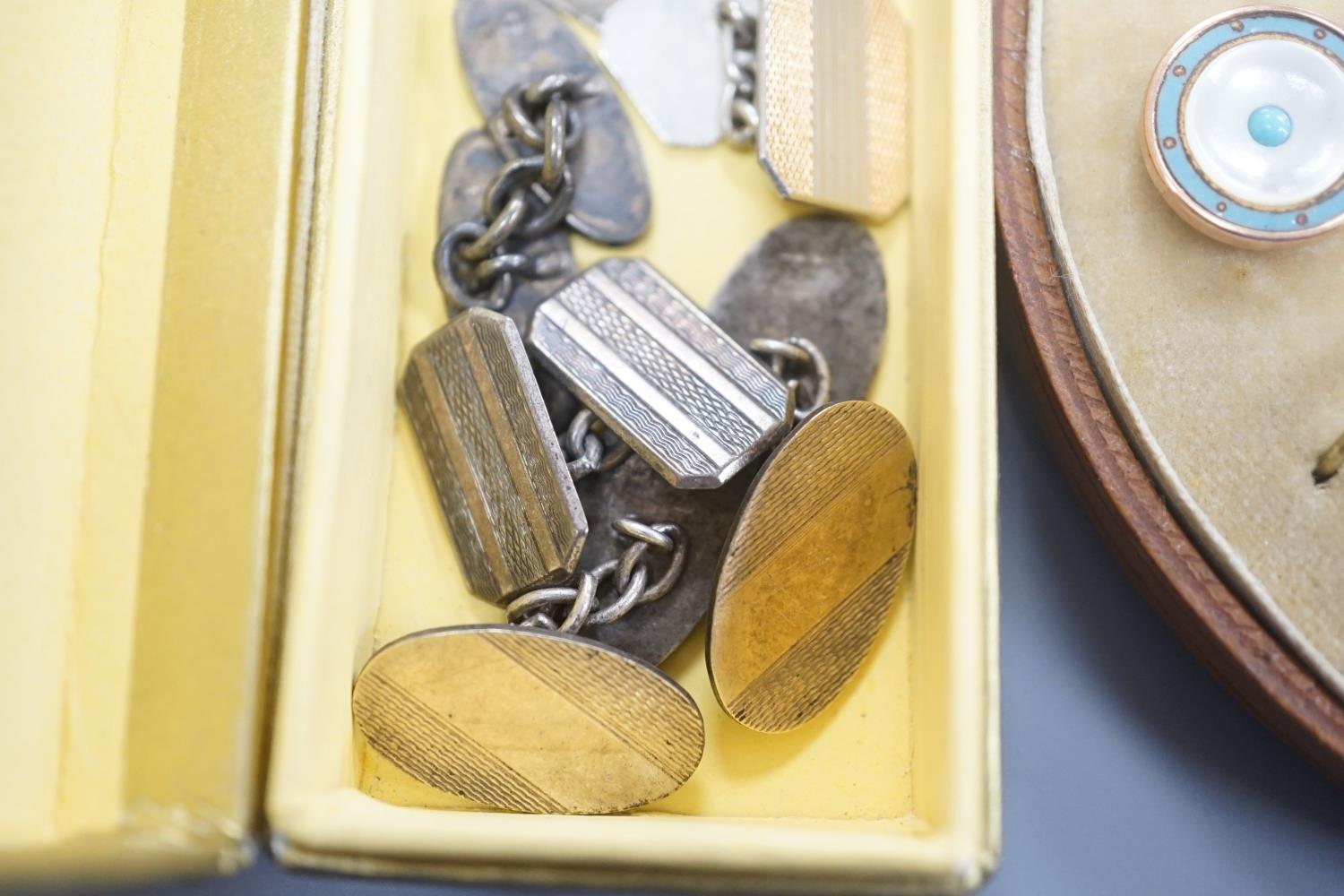 A cased early 20th century six piece gilt metal, mother of pearl and enamel dress stud set and - Image 2 of 5