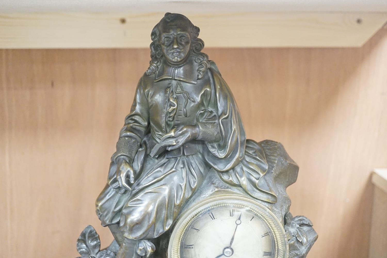 A 19th century French mantel clock, bronze scholar surmount, signed Bataille Aine, Besancon,44cms - Image 5 of 6