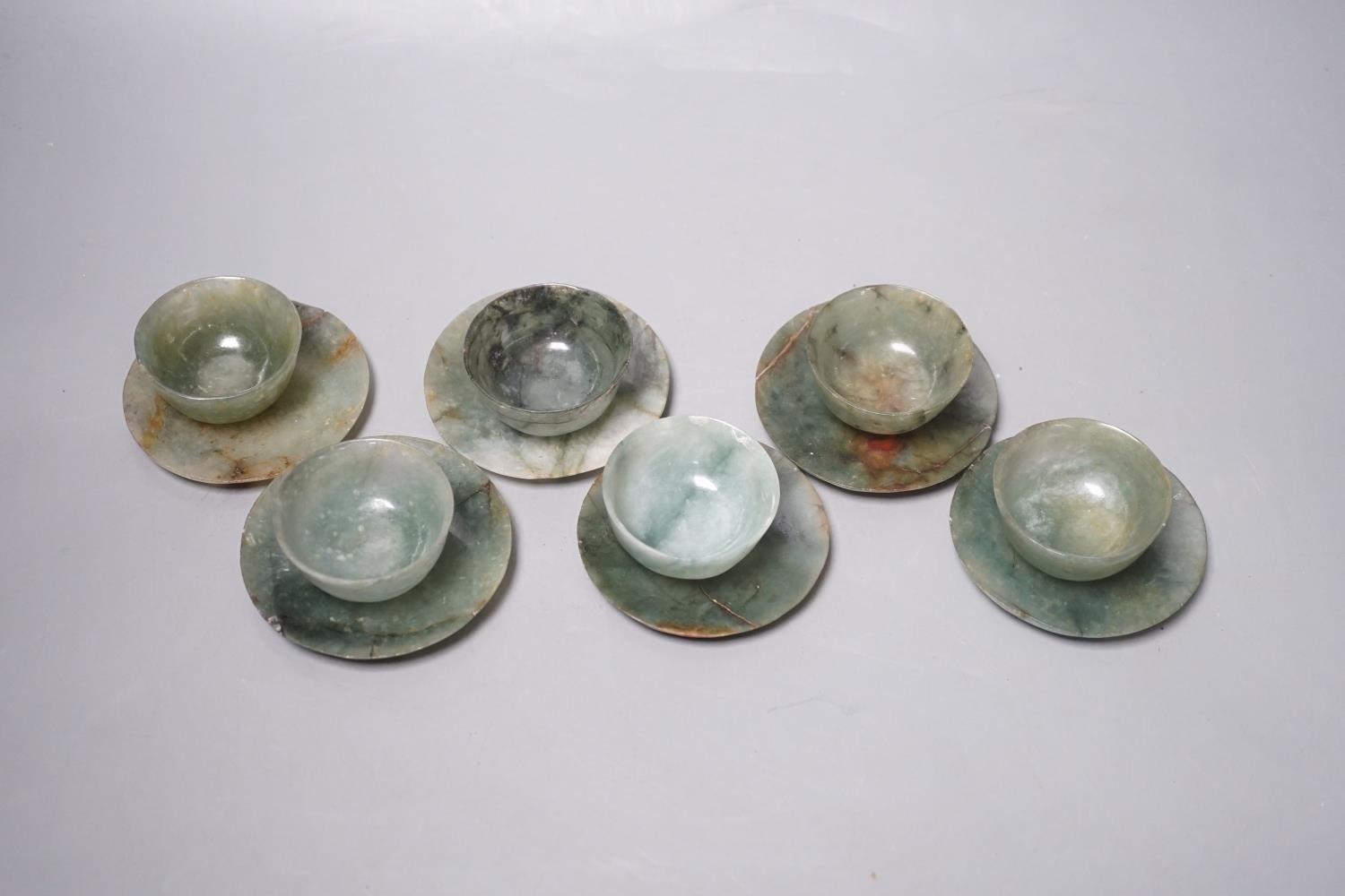 A set of six Chinese moss agate tea bowls and six saucers, engraved Qianlong mark, 19th century, - Image 6 of 8