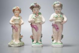 Three late 18th century Derby porcelain cherubs, 15cm