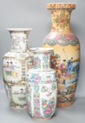 Three 20th century Chinese famille rose vases, tallest 61cm