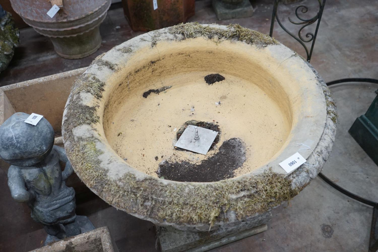 A large circular reconstituted stone campana garden urn, diameter 90cm, height 75cm - Image 3 of 3