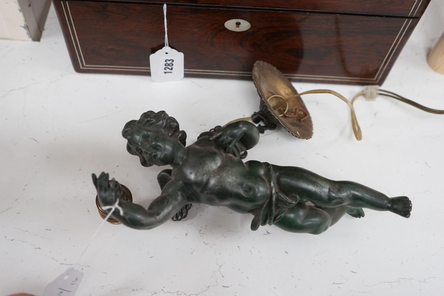 A bronzed spelter putti hanging light - Image 2 of 3