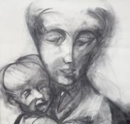 Modern Brititsh, charcoal drawing, Mother and child, 64 x 58cm, unframed