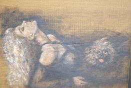 H.Hill, oil on canvas laid on board, Reclining woman and lap dog, signed, 70 x 90cm