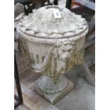 An Adam design reconstituted stone garden lidded urn with lion mask body, diameter 40cm, height