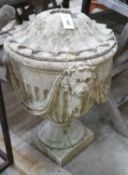 An Adam design reconstituted stone garden lidded urn with lion mask body, diameter 40cm, height