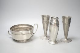A Tudric bowl, pair of Tudric vases and one other Tudric vase. Tallest 15.5cm