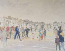Modern British, watercolour, Figures in a Brighton Square, 39 x 49cm