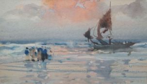 F. Richards, five watercolours, Fisherfolk along the coast, two signed, 7 x 12cm