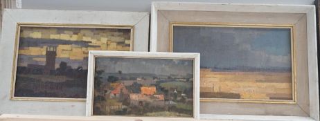 Michael Cadman (1920-2012), three oils on board, Landscapes, one signed and dated 1964, largest 19 x