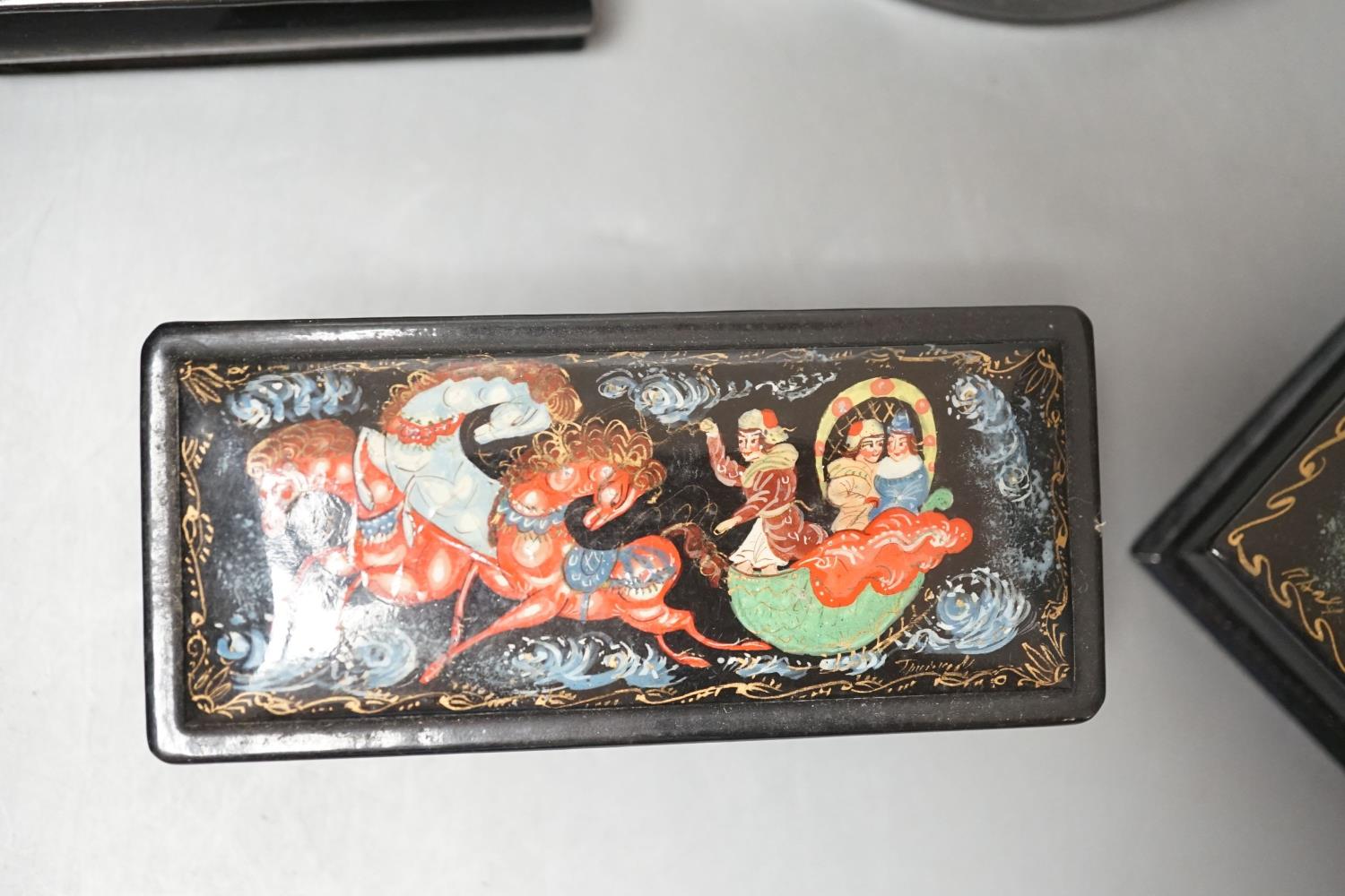 Eight Russian lacquer boxes, some painted and some with printed decoration - Image 5 of 12