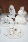 Three parian classical busts and three Parian figure groups,tallest mother and child on wooden