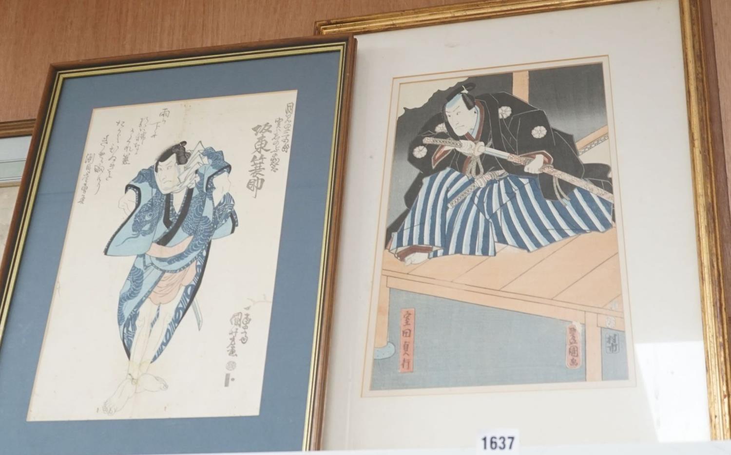 Kunisada, woodblock print, Samurai on a jetty, 33 x 23cm and another print of a Samurai, 36 x 23cm
