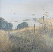 P. Jay, oil on board, 'Swallows on the Downs', signed, 20 x 20cm