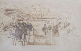 Attributed to Pietro Annigoni, pen and ink, 'The Bar at the Cafe de Paris, 1956', 24 x 35cm