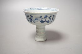 A Chinese blue and white stem cup, Ming Dynasty or later. Height 9cm