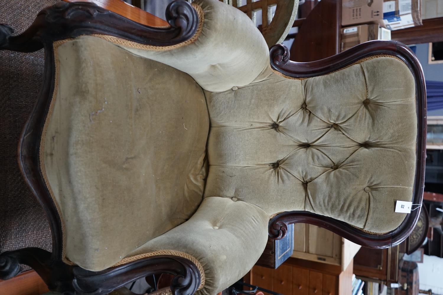 A Victorian mahogany upholstered spoonback armchair, width 70cm depth 70cm height 96cm - Image 2 of 3