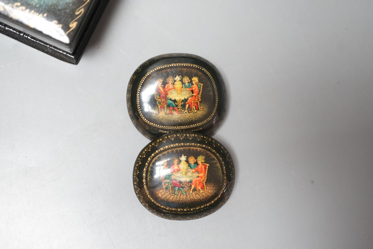 Eight Russian lacquer boxes, some painted and some with printed decoration - Image 10 of 12