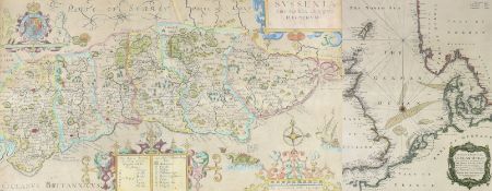 ° ° Norden, John. - Sussexia, engraved hand-coloured map of Sussex, framed and glazed, [1637], (