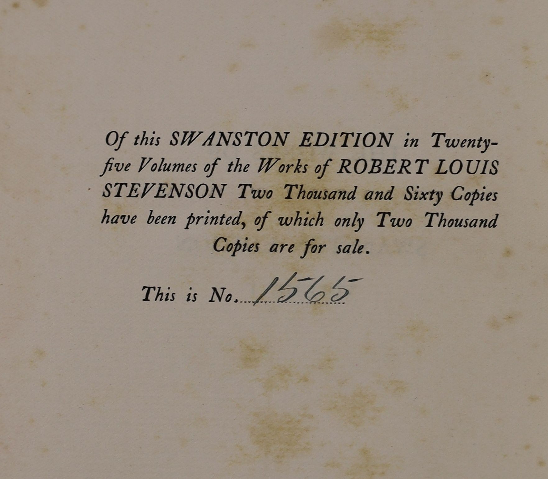 ° ° Stevenson, R.L. - The Works, introduction by Andrew Lang, 25 vol., Swanston edition, number 1565 - Image 3 of 3