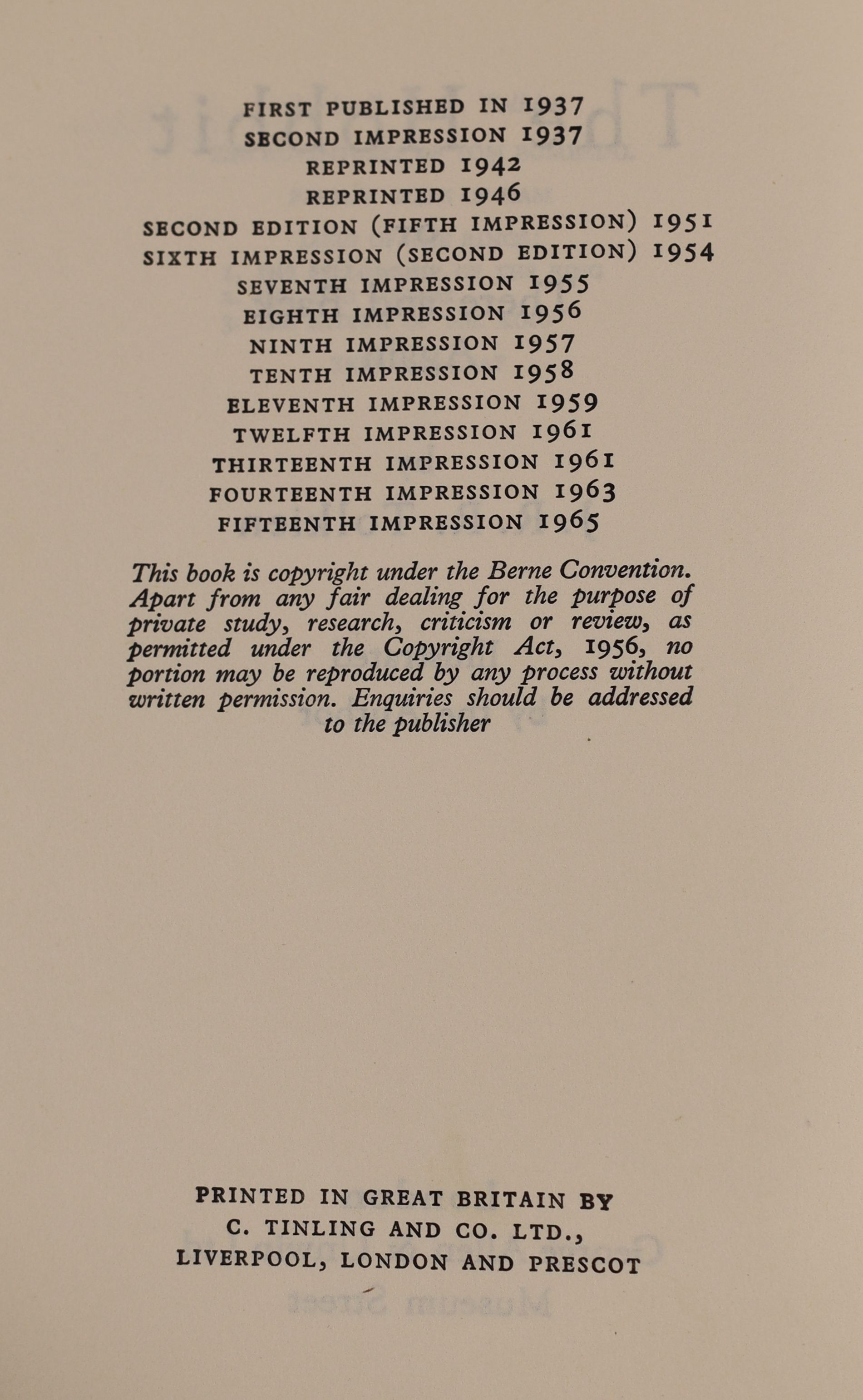 ° ° Tolkien, John Ronald Reuel - The Hobbit, 2nd edition, 15th impression, map endpapers, original - Image 3 of 4