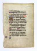 Manuscript leaf from a book of hours illuminated in blue, red, rose, green and gilt; perhaps