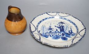 An early 19th century English pearlware plate and a Doulton Salisbury Gill jug, 11cm tall