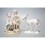 A Meissen group of Amorini with a lamb and a parrot, and a Meissen model of a fawn, incised number