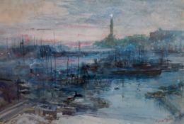 John Macwhirter (1839-1911), Genoa harbour at dusk, watercolour, signed initials, 17.15 x 25cm