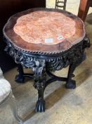 A Chinese carved hongmu circular marble topped jardiniere stand, diameter 46cm height 58cm