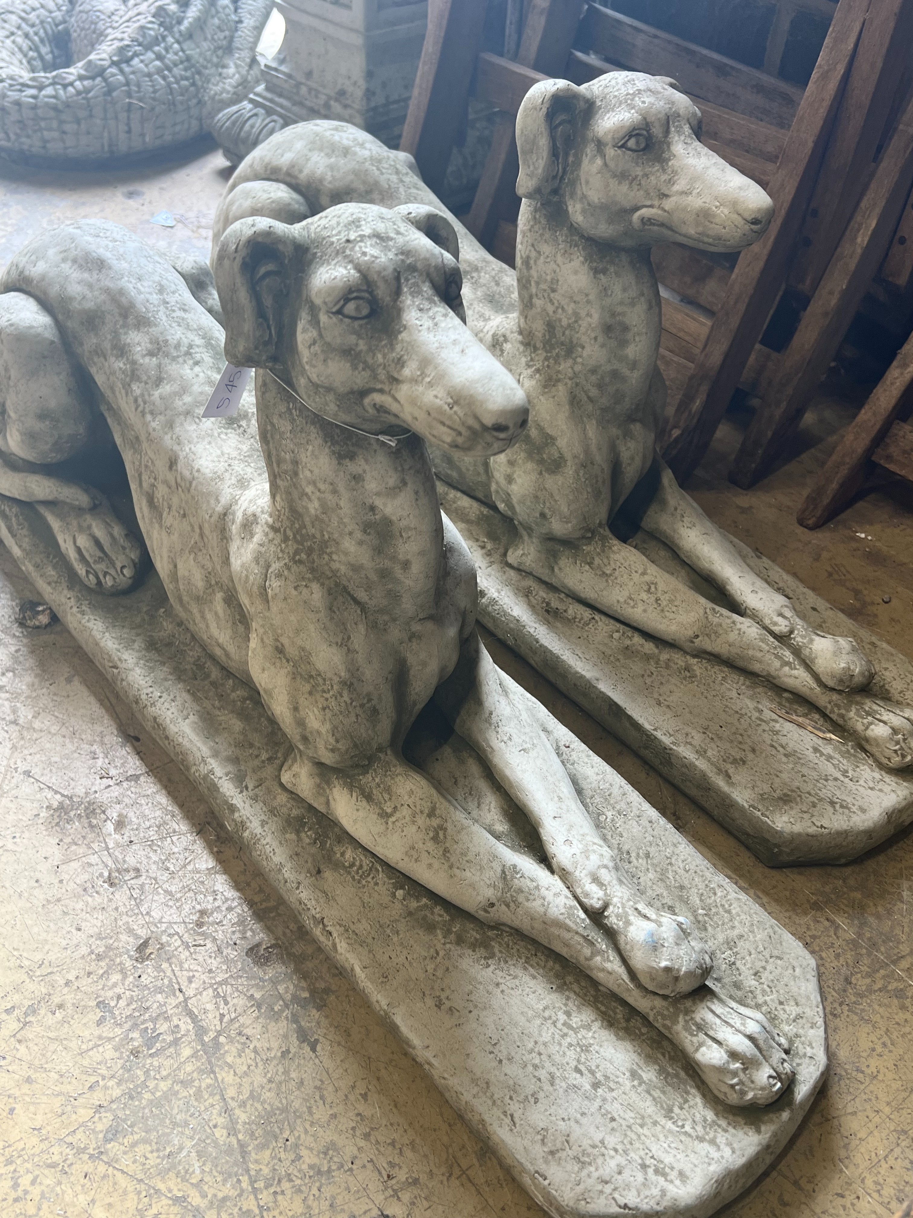 A pair of reconstituted stone recumbent greyhound ornaments, length 82cm - Image 5 of 6