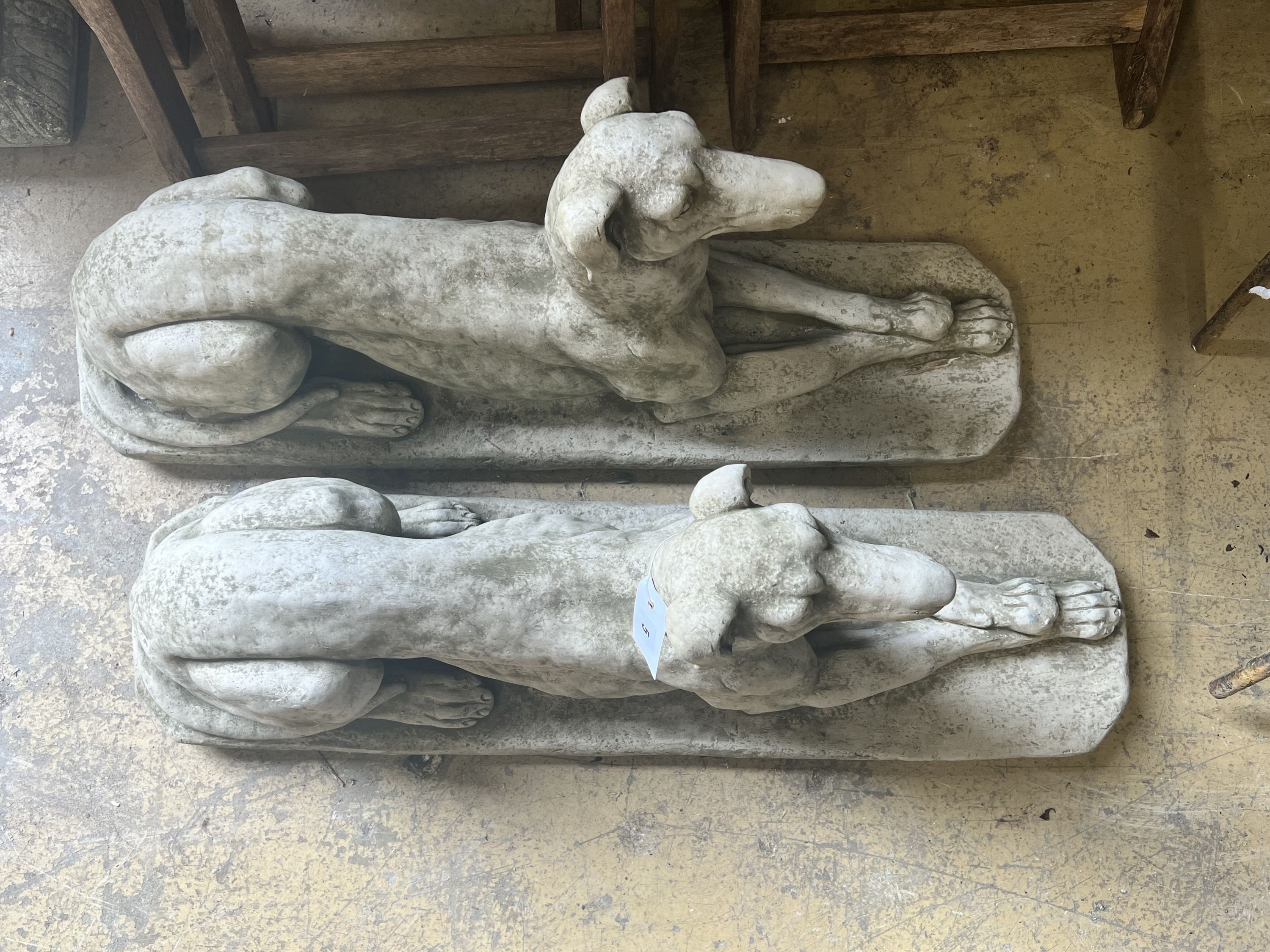 A pair of reconstituted stone recumbent greyhound ornaments, length 82cm - Image 4 of 6