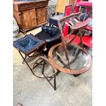 A lace pillow bolster stand, a mahogany work box on folding stand and a lacemaker's pillow stand